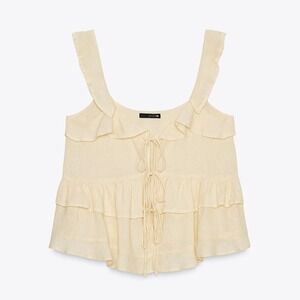 Zara Pale Yellow Ruffled Linen Blend Tie Front Lace Trim Camisole Top‎